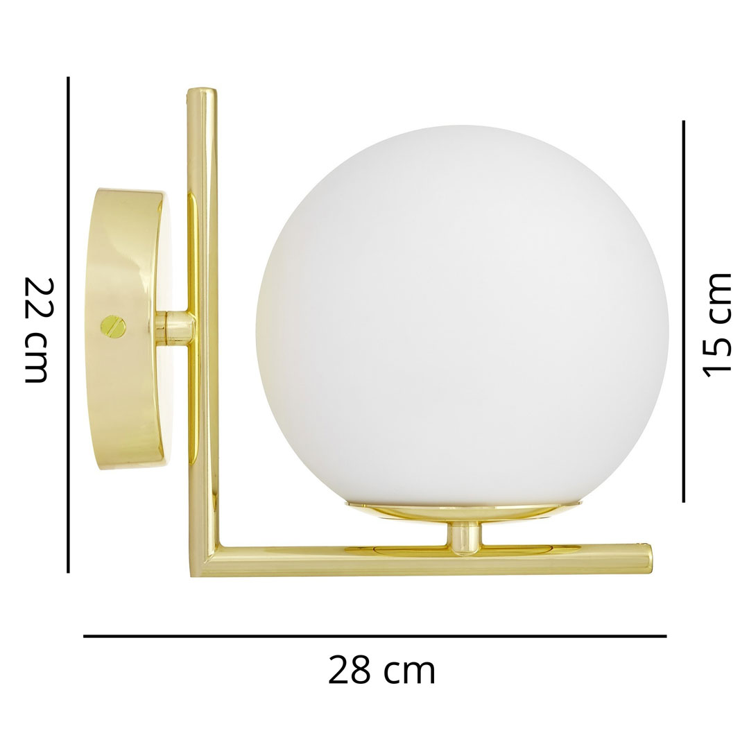 Złoty kinkiet, biały klosz kula, lampa ścienna, elegancki styl glamour - SORENTO