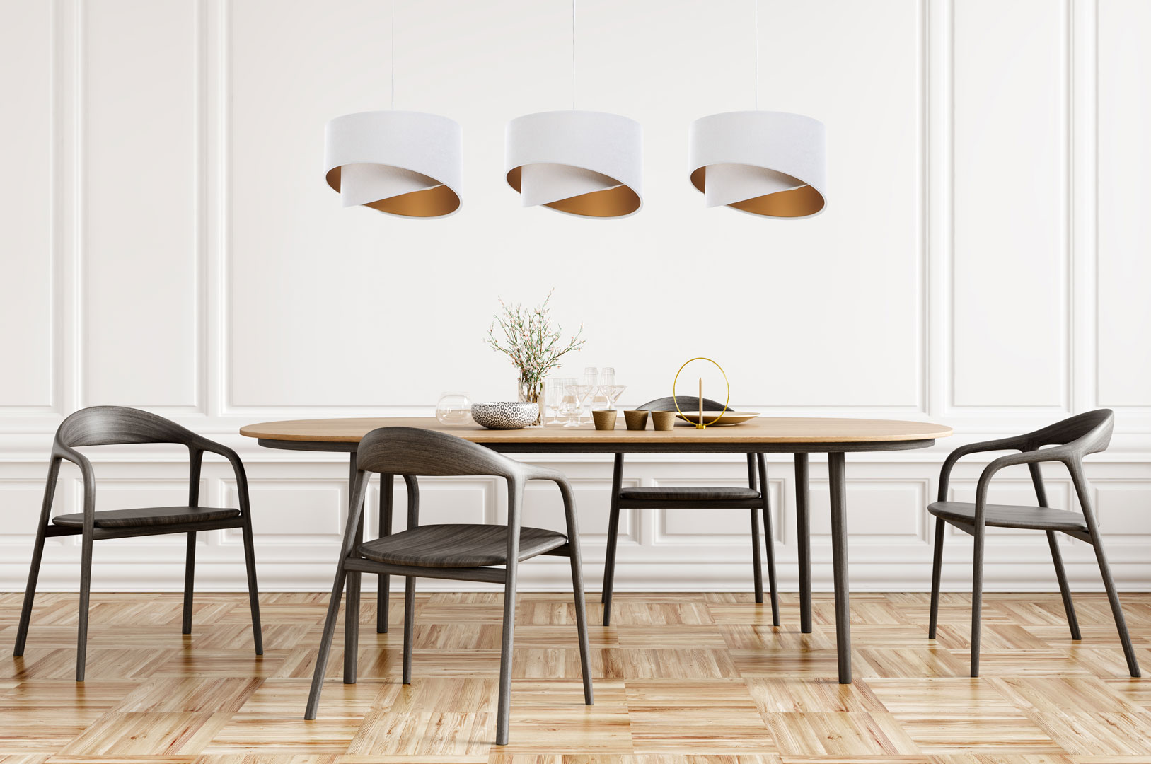 Biała lampa nad stół z welurowymi abażurami, asymetryczny design glamour ze złotym wnętrzem - BPS Koncept zdjęcie 2