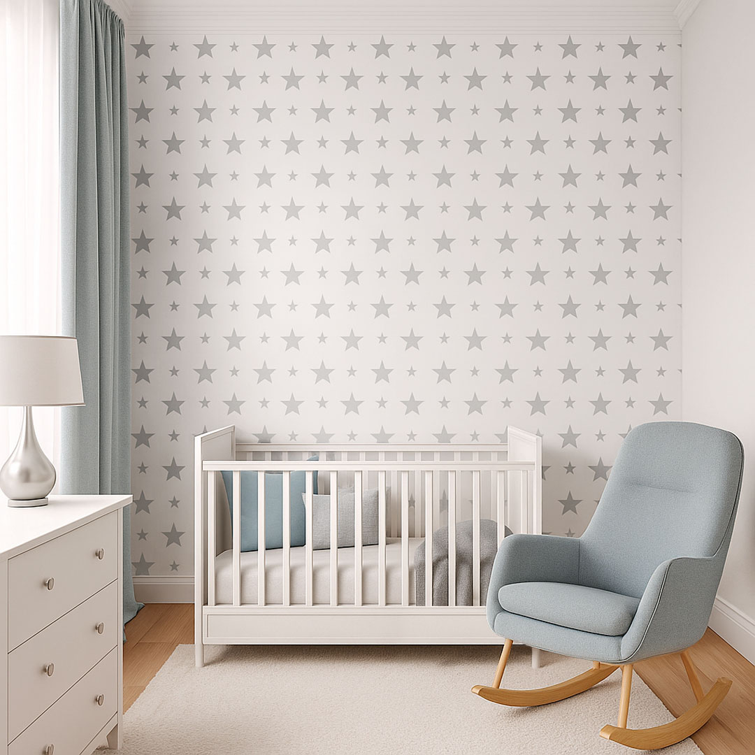 Biała tapeta w szare GWIAZDKI 15 i 7 cm - Dekoori zdjęcie 2