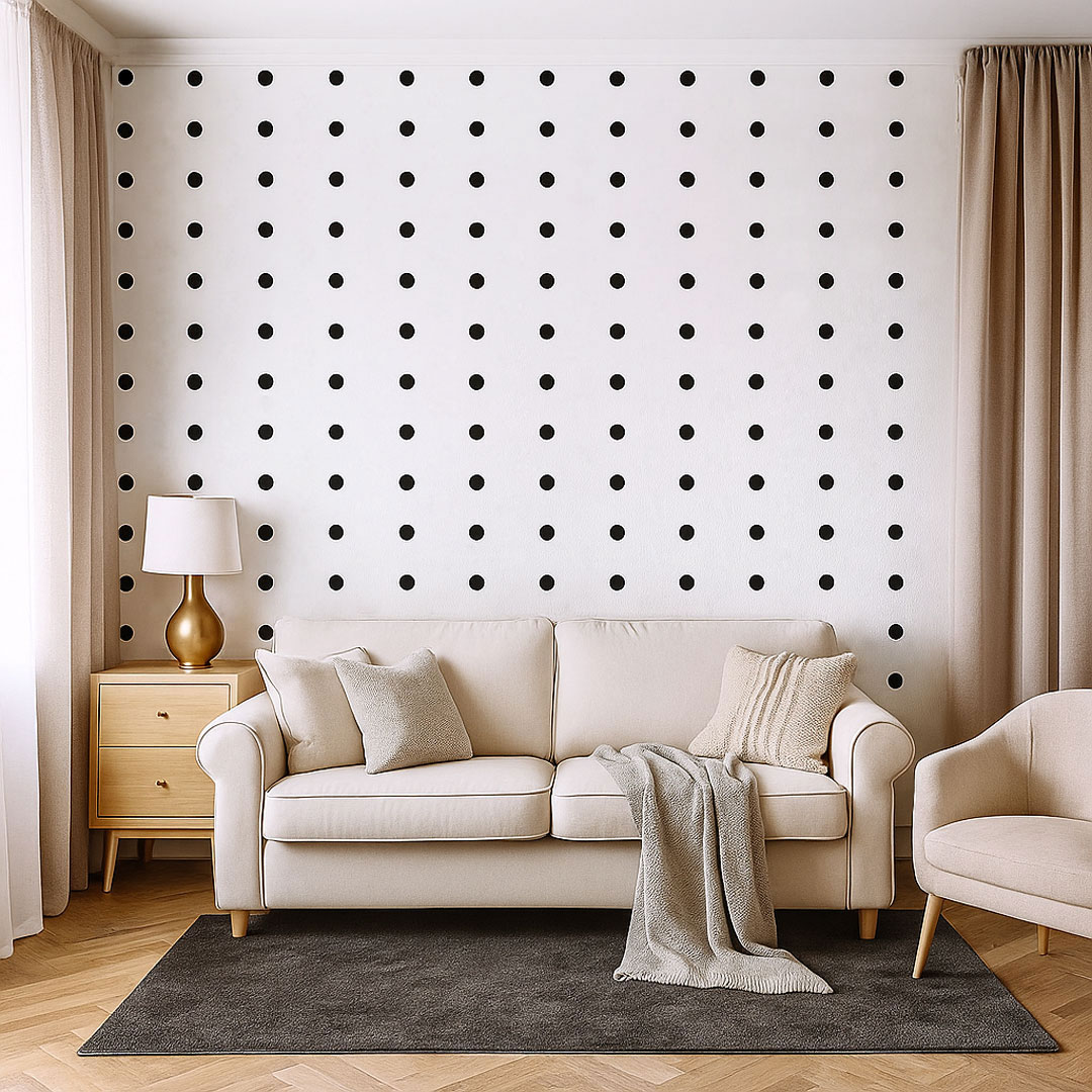 Biała tapeta w czarne kropki, groszki, polka dot 5 cm - kwadratowy rozstaw - Dekoori zdjęcie 2