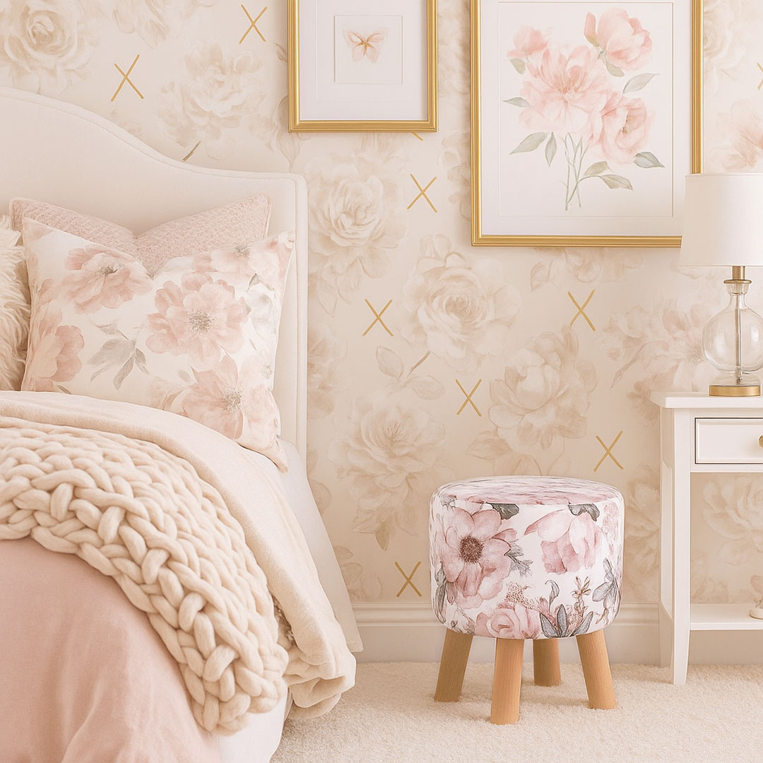 Dekoracyjny, biały puf w kwiaty dzikiej róży na drewnianych nogach - Lily Pouf zdjęcie 2