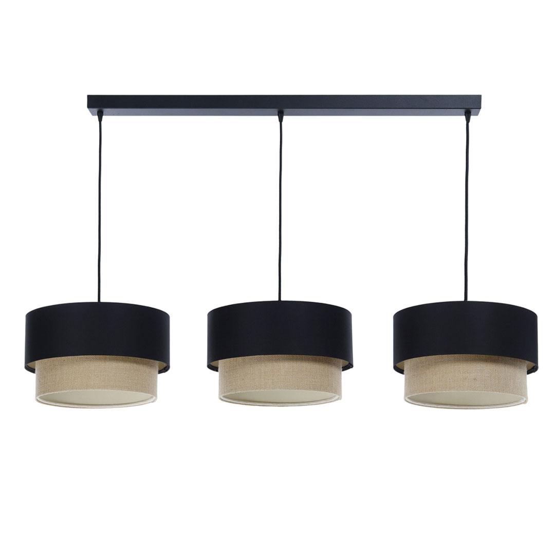 Elegancka lampa sufitowa BOHO czarno-beżowa, podwójne abażury z satyny i juty, na listwie - BPS Koncept zdjęcie 1