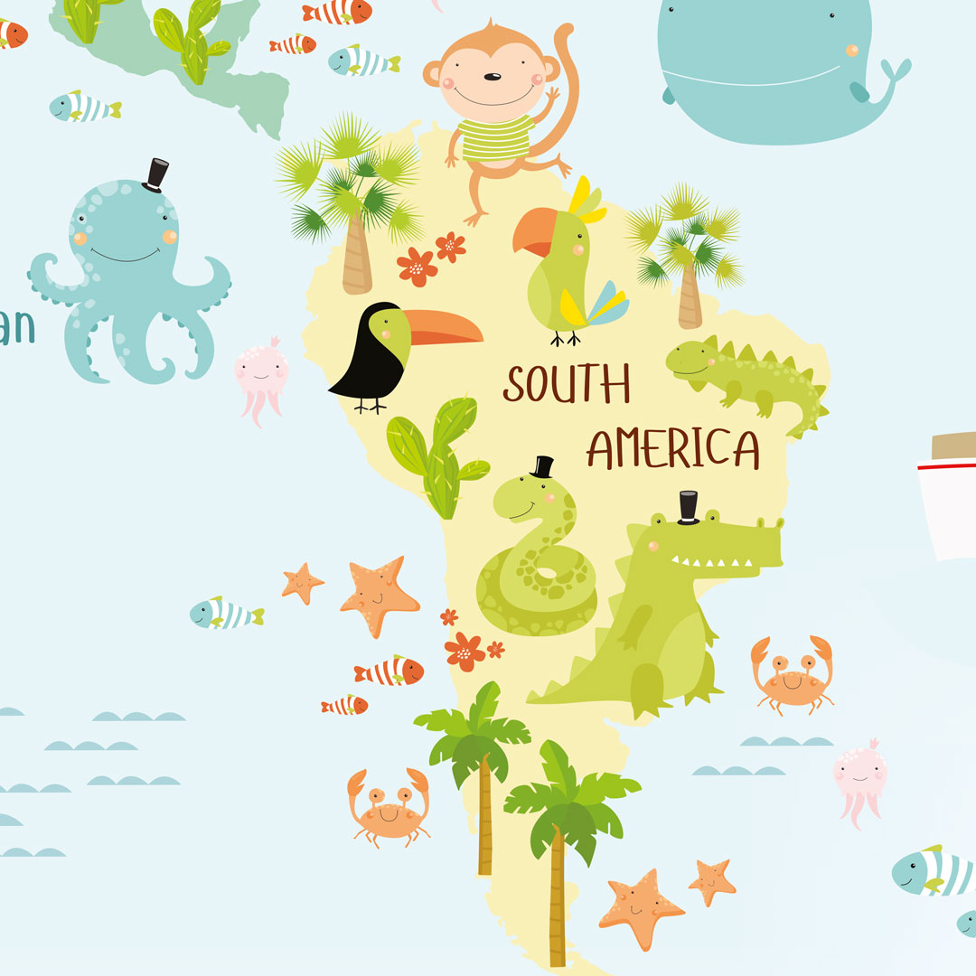 Fototapeta mapa świata dla dzieci ze zwierzętami, roślinami i kontynentami - Dekoori zdjęcie 4
