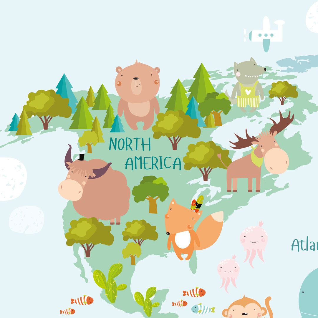 Fototapeta mapa świata dla dzieci ze zwierzętami, roślinami i kontynentami - Dekoori zdjęcie 3