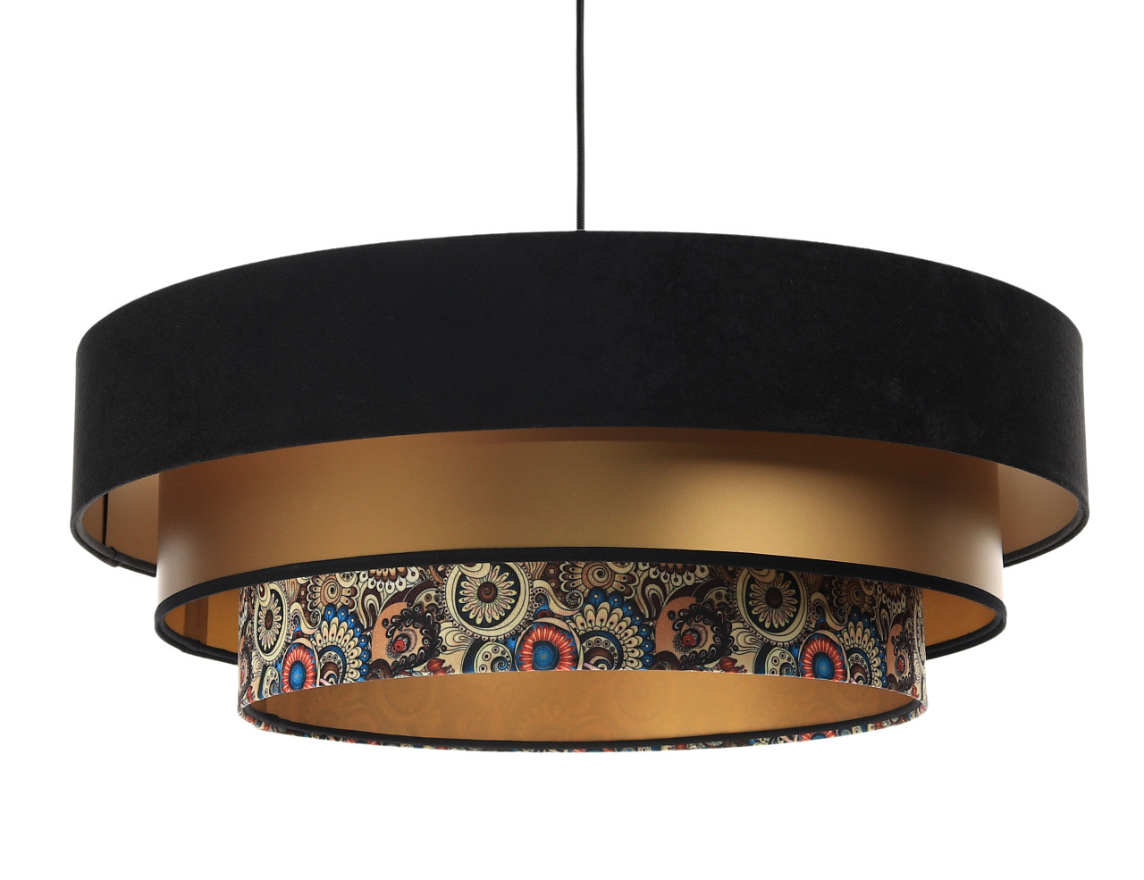 Czarno-złota lampa wisząca z okrągłymi abażurami z weluru i apli, kolorowy orientalny wzór TRINITI - BPS Koncept zdjęcie 1