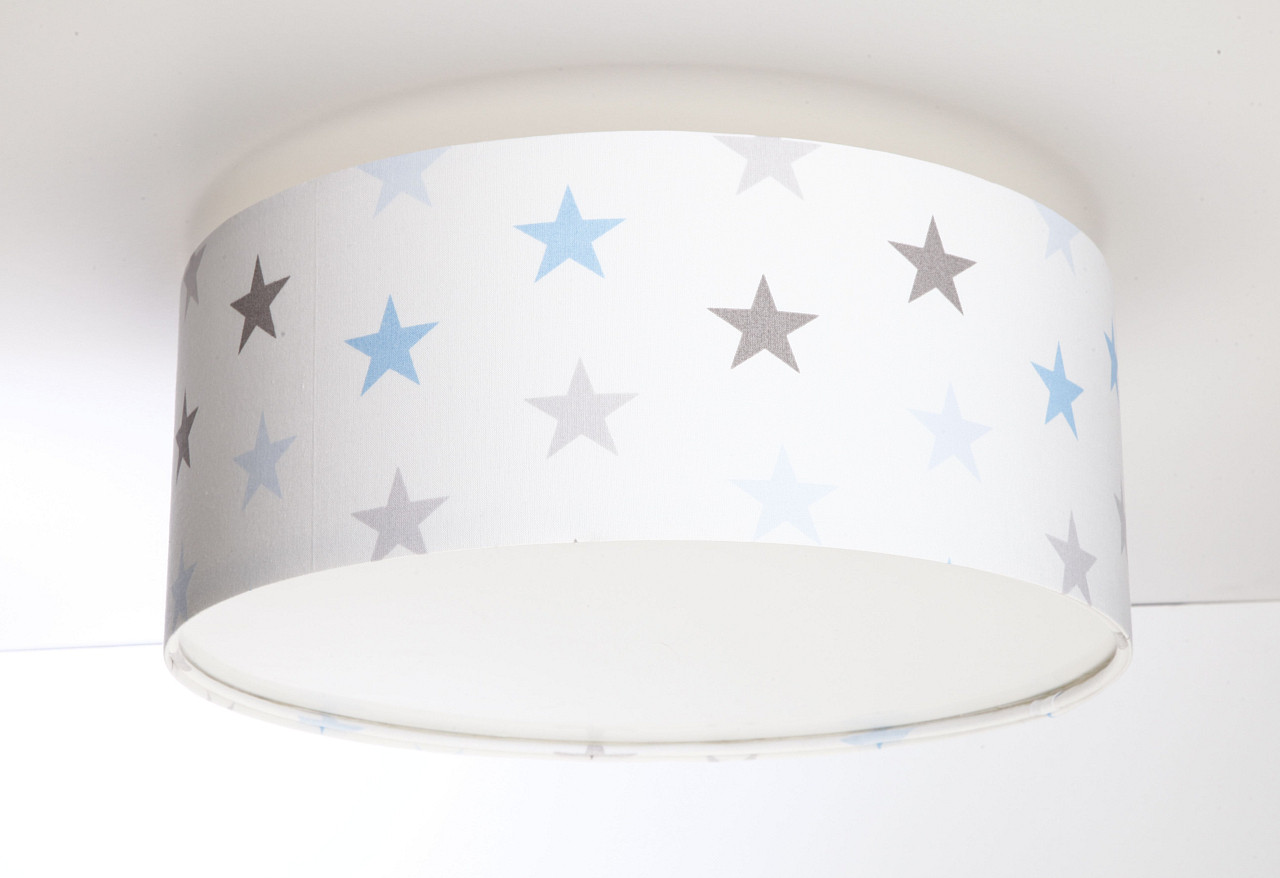 Biała lampa sufitowa, plafon w kształcie walca z abażurem z weluru w szare i niebieskie gwiazdki OLAF - BPS Koncept zdjęcie 2