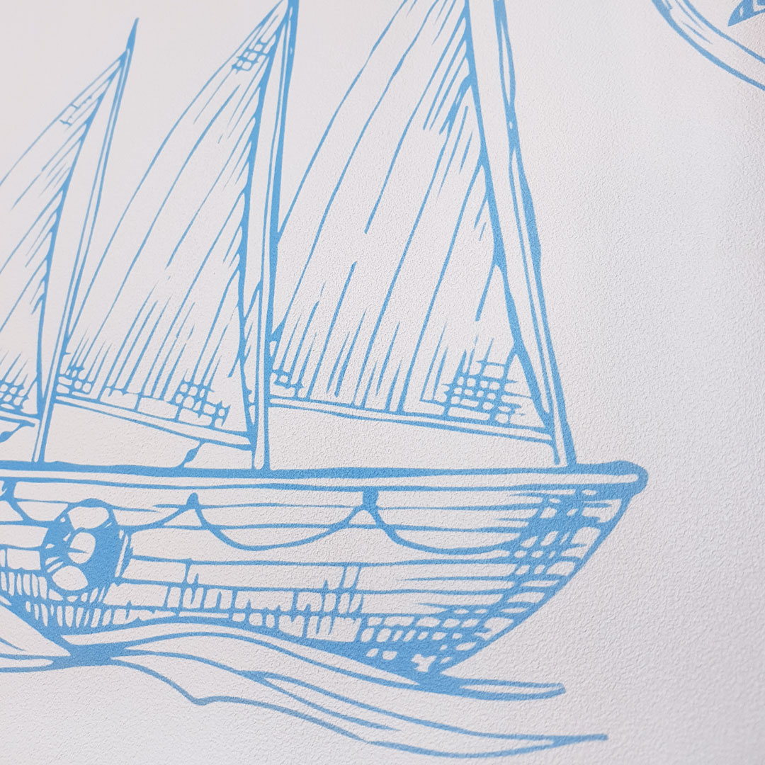 Jasna tapeta z motywem morskim marynistycznym, latarnia biało-niebieska - Dekoori zdjęcie 4