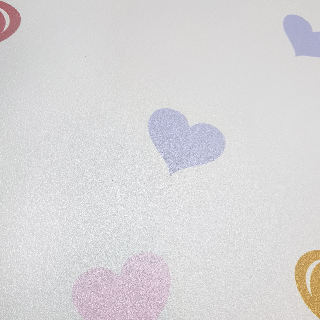 Biała tapeta dla dziewczynki w serca, serduszka różowe, beżowe, fioletowe - Dekoori zdjęcie 4