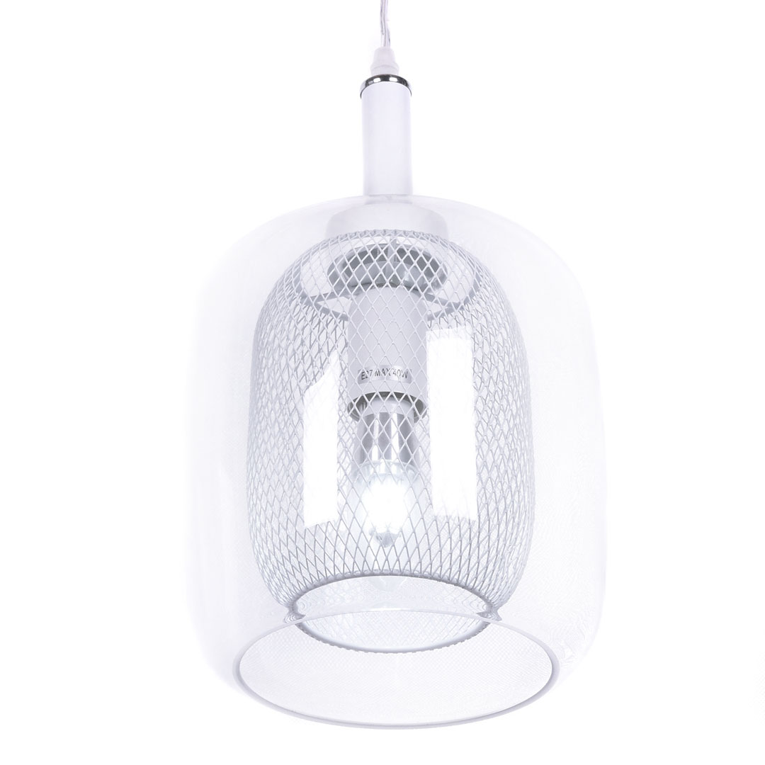 Lampa biała szklana wisząca skandynawska zwis BESSA metalowa siateczka, klosz, nowoczesny design - Lumina Deco zdjęcie 2