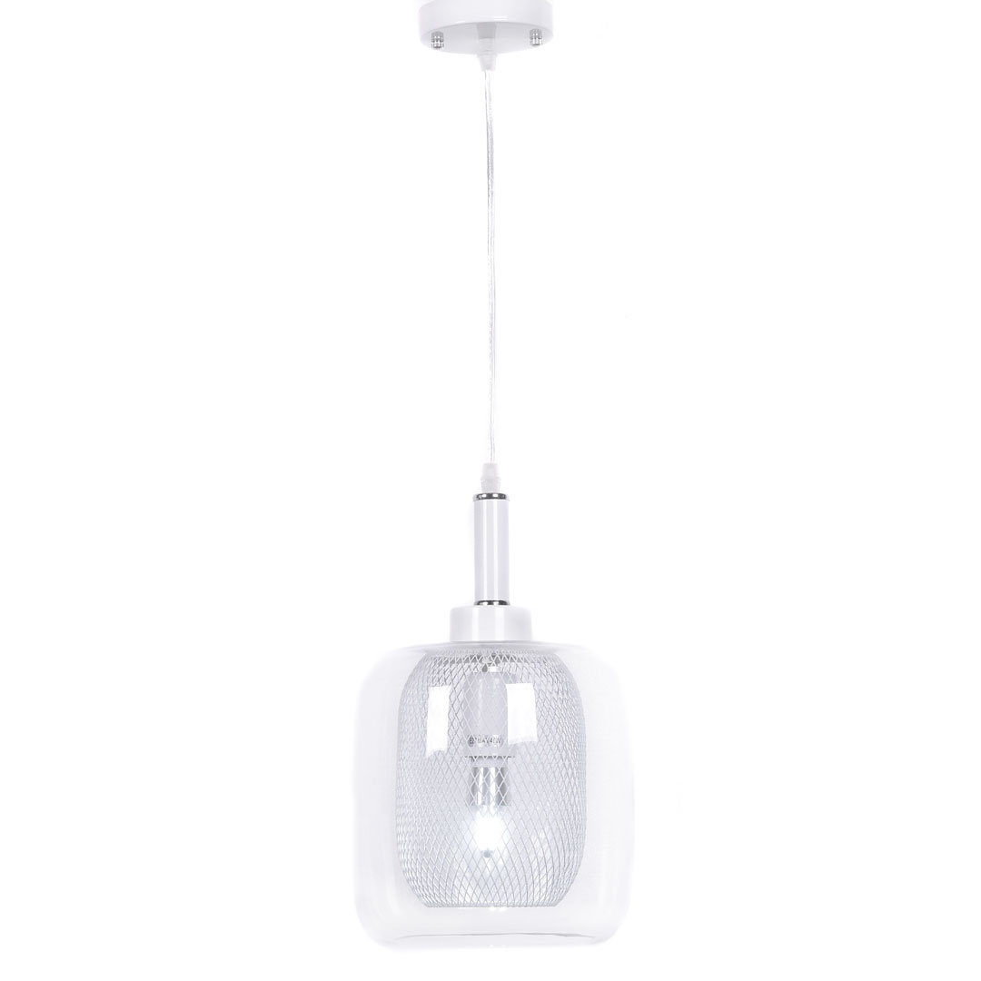 Lampa biała szklana wisząca skandynawska zwis BESSA metalowa siateczka, klosz, nowoczesny design - Lumina Deco zdjęcie 3
