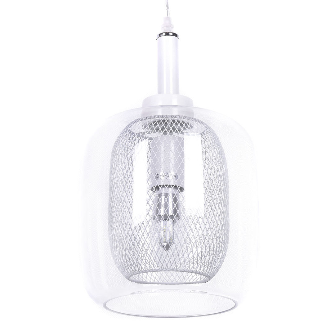 Lampa biała szklana wisząca skandynawska zwis BESSA metalowa siateczka, klosz, nowoczesny design - Lumina Deco zdjęcie 1