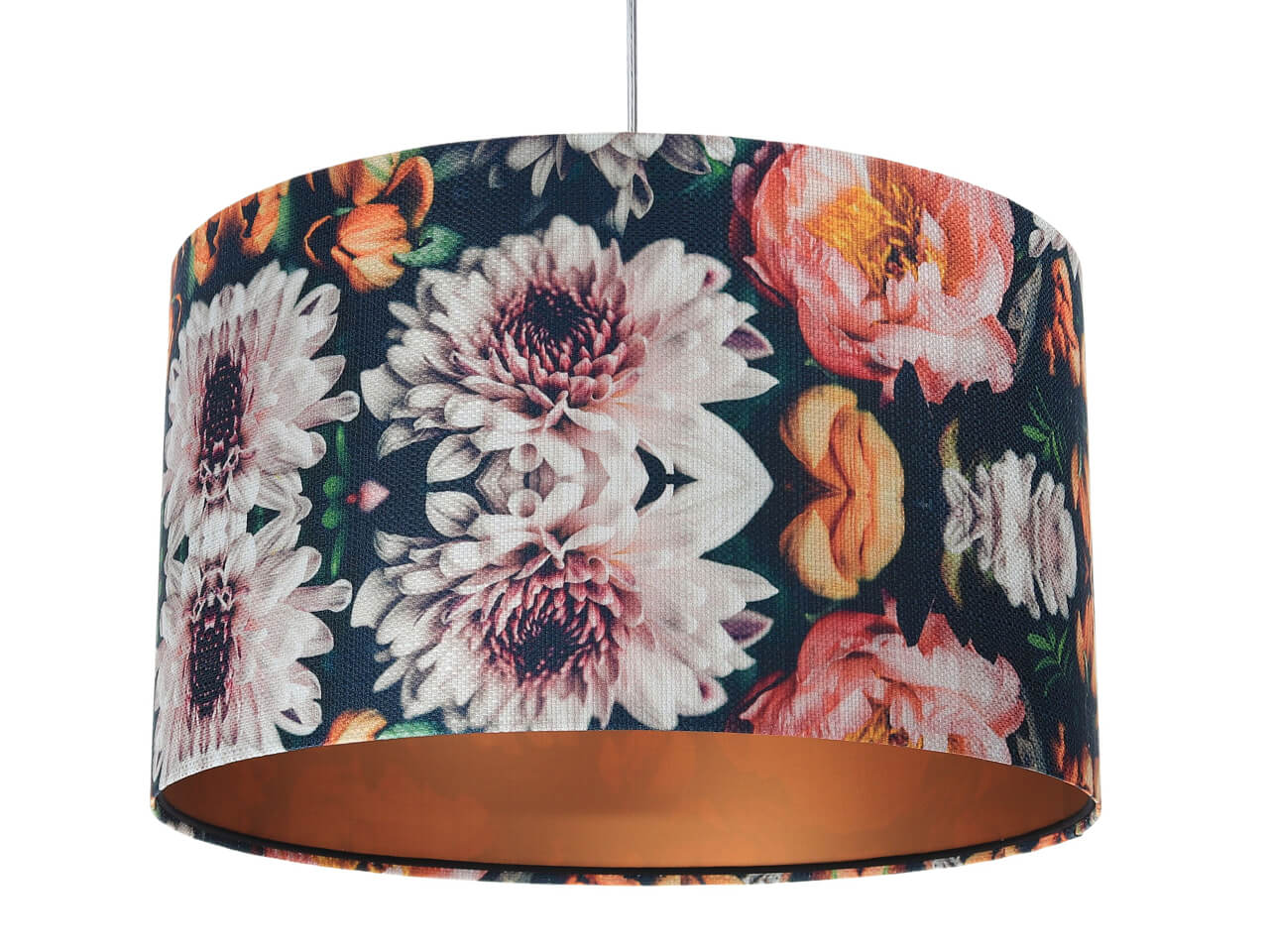 Lampa wisząca z walcowym abażurem ze strukturalnej tkaniny w kolorowe kwiaty, z miedzianym wnętrzem PORTLAND - BPS Koncept zdjęcie 1