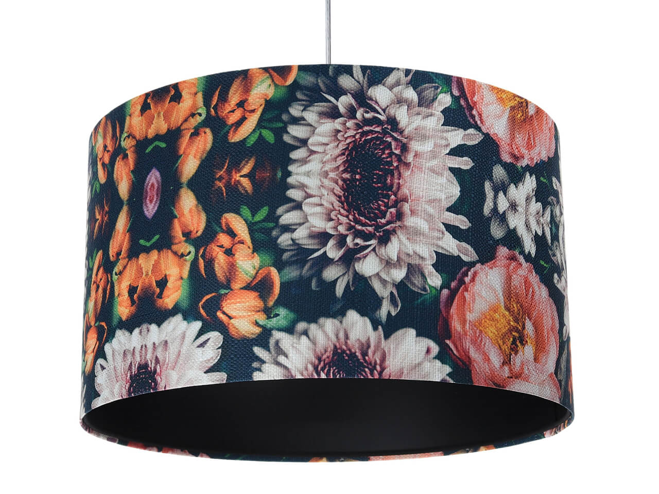 Lampa wisząca z abażurem w kształcie walca w kolorowe kwiaty, z czarnym wnętrzem PORTLAND - BPS Koncept zdjęcie 1