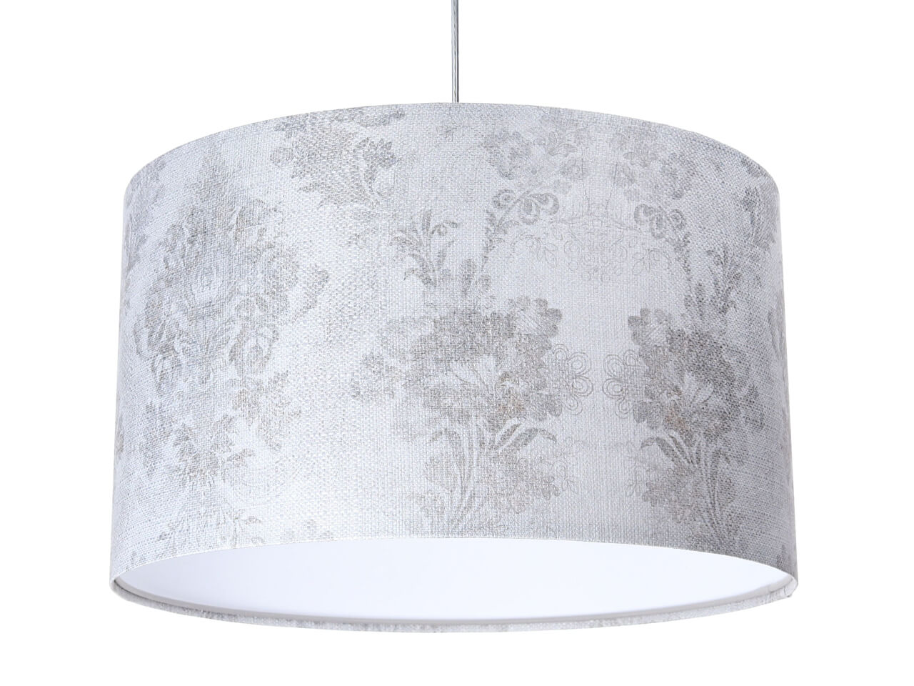 Srebrna lampa wisząca w kształcie walca z abażurem w koronkowy, kwiatowy wzór z białym wnętrzem  PORTLAND - BPS Koncept zdjęcie 1