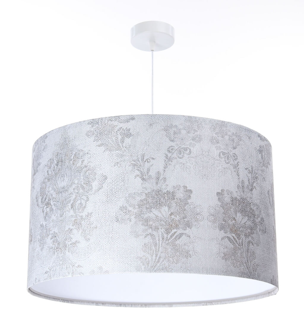 Srebrna lampa wisząca w kształcie walca z abażurem w koronkowy, kwiatowy wzór z białym wnętrzem  PORTLAND - BPS Koncept zdjęcie 3