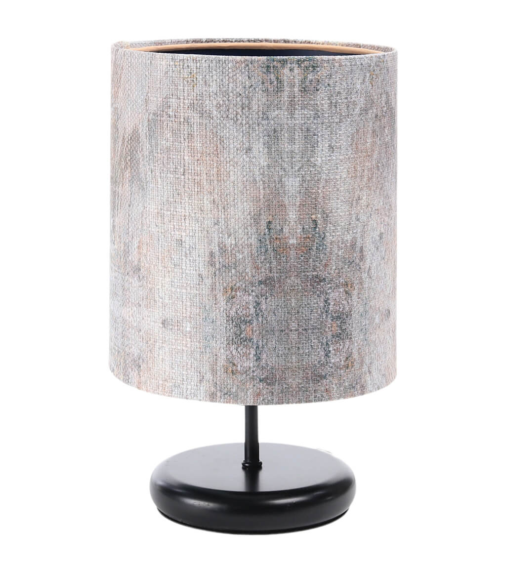Kolorowa lampka stołowa z kloszem ze strukturalnej tkaniny, artystyczny wzór, z granatowym wnętrzem PORTLAND - BPS Koncept zdjęcie 1