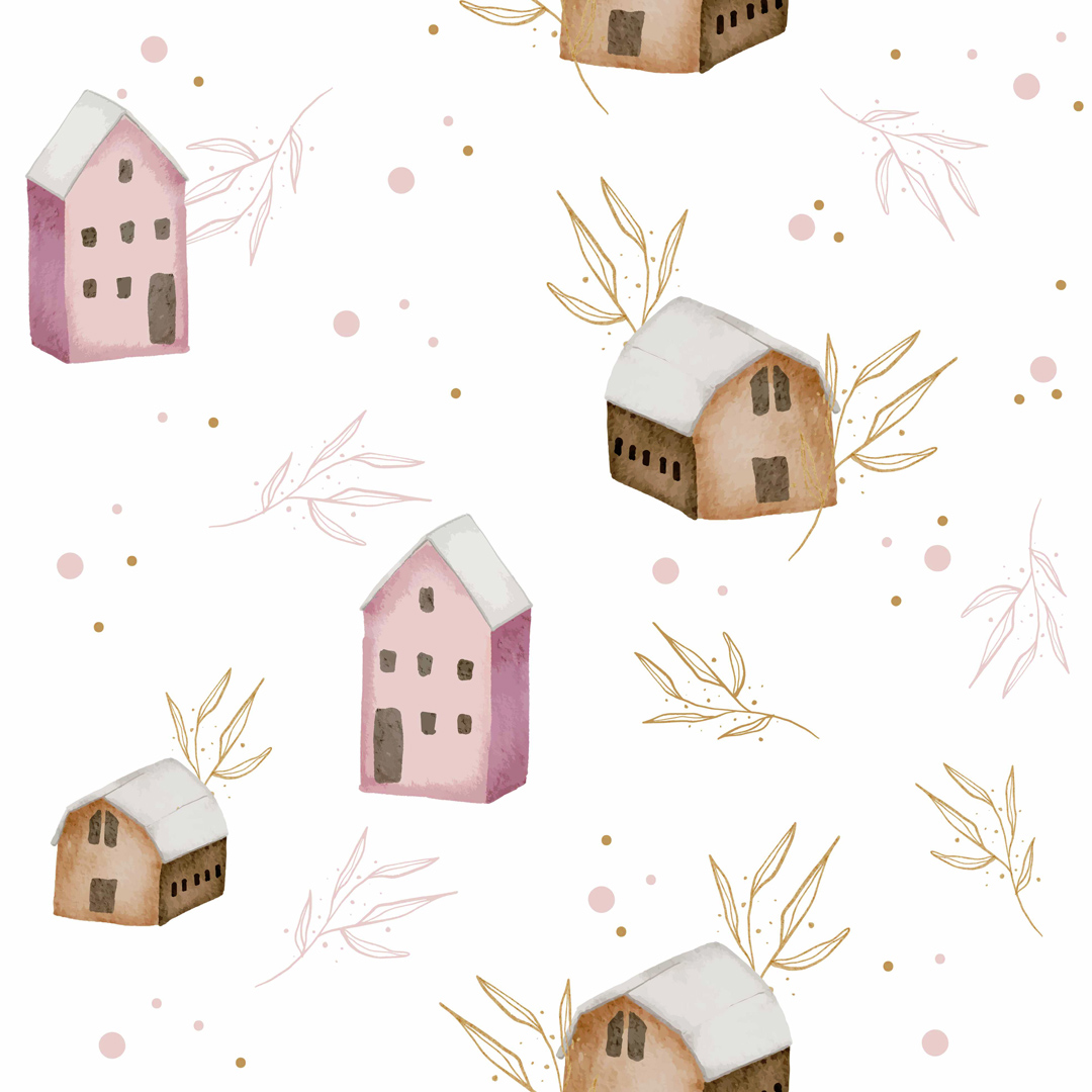 Bajkowa tapeta w domki, kamienice i delikatne gałązki dla dzieci - Dekoori zdjęcie 1