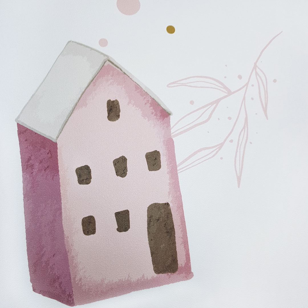 Bajkowa tapeta w domki, kamienice i delikatne gałązki dla dzieci - Dekoori zdjęcie 3