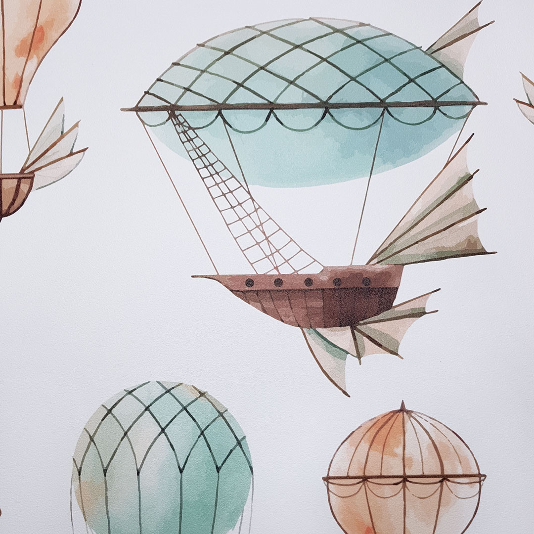 Biała tapeta w balony dla dzieci: latające maszyny i statki powietrzne prosto z bajki - Dekoori zdjęcie 3