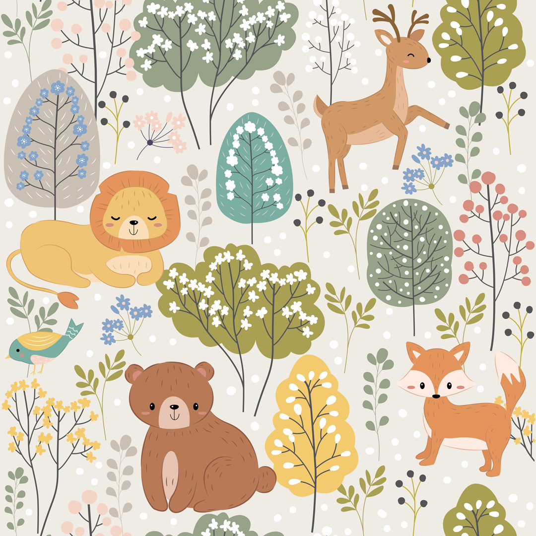 Tapeta zwierzęta: jeleń, lew, miś, lisek oraz ptaszek bawiące się w liściastym lesie z zielonymi i szarymi kwitnącymi drzewami - Dekoori zdjęcie 1