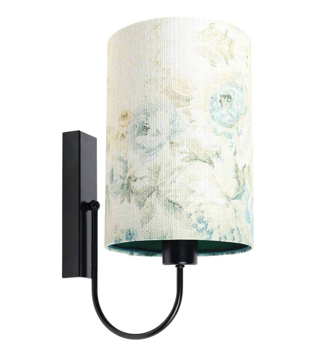 Kremowa lampa ścienna, kinkiet z walcowym abażurem w błękitne kwiaty z zielonym wnętrzem PORTLAND - BPS Koncept zdjęcie 1