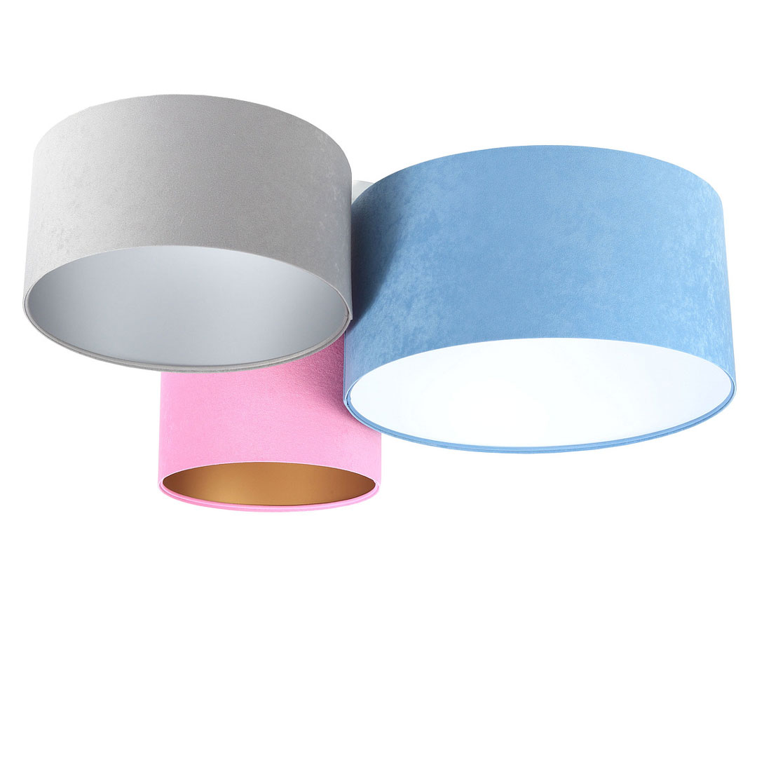 Niebiesko-różowo-szara lampa sufitowa z walcowymi abażurami z weluru, plafoniada z białym, złotym i srebrnym wnętrzem NEVAN - BPS Koncept zdjęcie 1