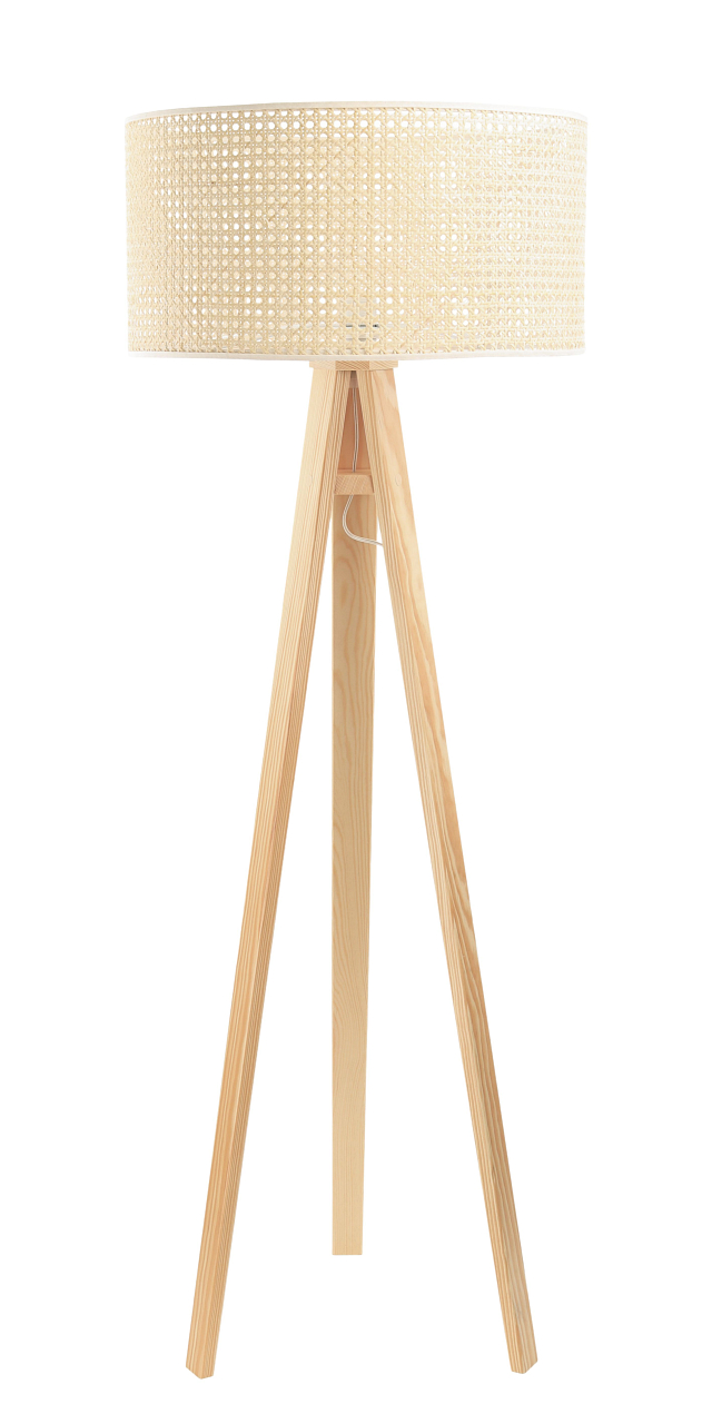 Naturalna lampa podłogowa w stylu boho z rattanowym abażurem w kształcie walca na trójnogu, ROTANG - BPS Koncept zdjęcie 1