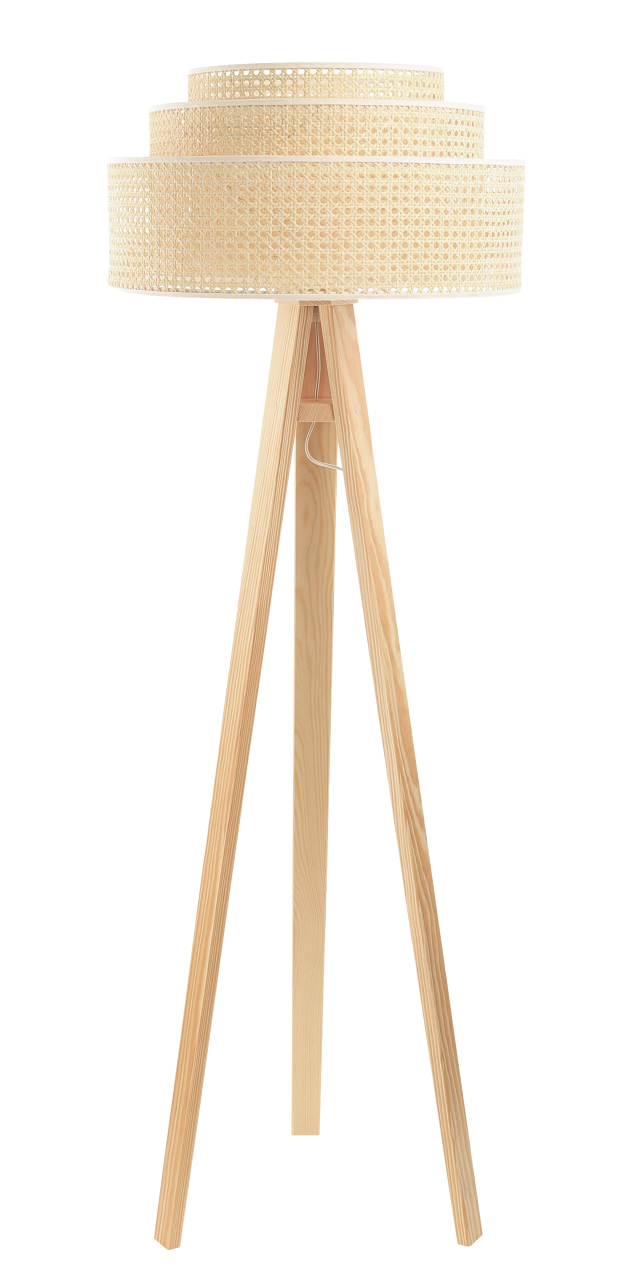 Kremowa, drewniana, boho lampa stojąca z walcowymi abażurami, trójnóg ROTANG - BPS Koncept zdjęcie 1
