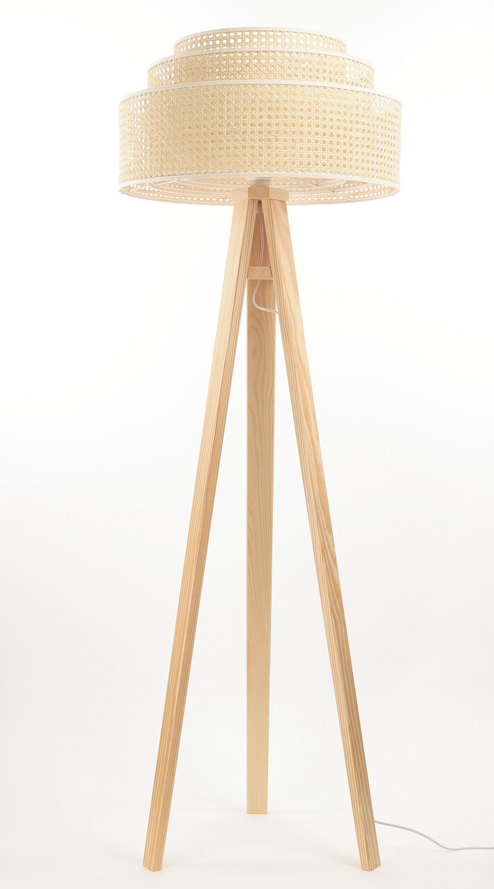 Kremowa, drewniana, boho lampa stojąca z walcowymi abażurami, trójnóg ROTANG - BPS Koncept zdjęcie 3