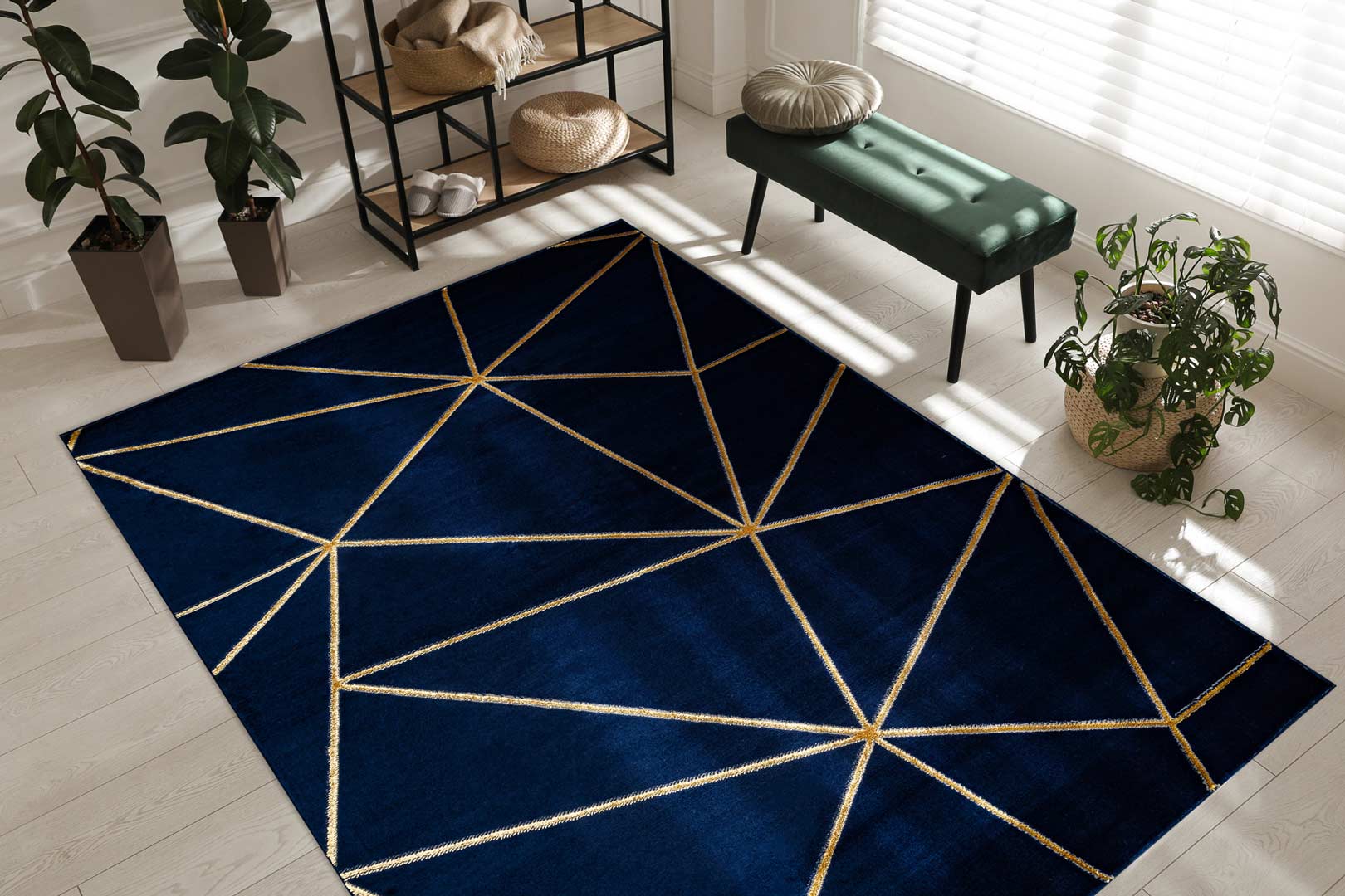 Granatowy, geometryczny dywan ze złotą nitką w etniczny wzór, elegancki Ethno Fusion - Carpetforyou zdjęcie 3