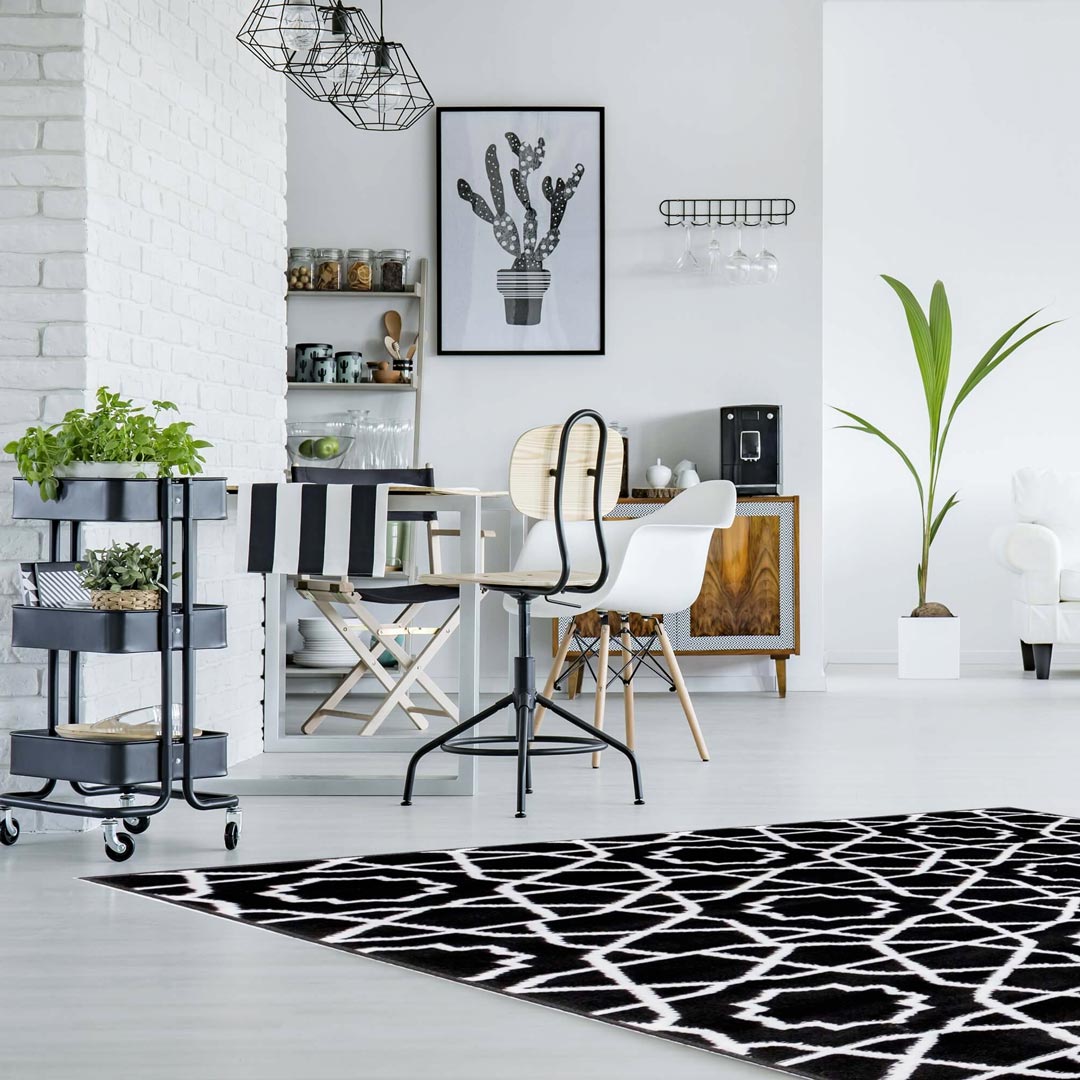 Designerski, czarny dywan do salonu w biały, fantazyjny wzór, geometryczny obrys Almas 42 - Carpetforyou zdjęcie 2