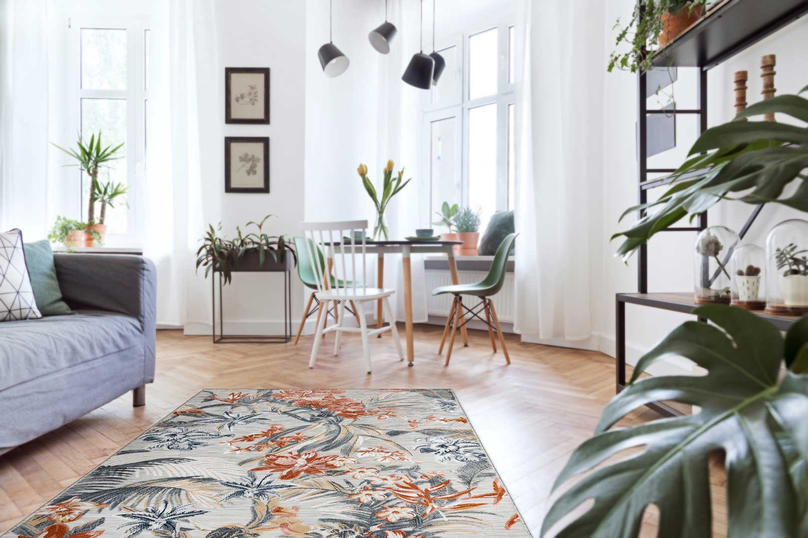 Postarzany, jasny dywan do salonu w kwiatowy wzór z miedzianymi i niebieskimi akcentami Secret Garden - Carpetforyou zdjęcie 2