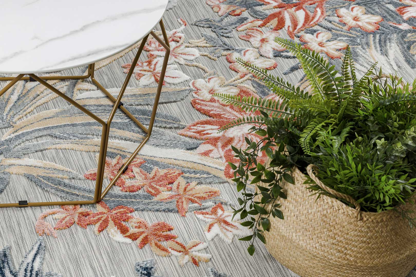 Postarzany, jasny dywan do salonu w kwiatowy wzór z miedzianymi i niebieskimi akcentami Secret Garden - Carpetforyou zdjęcie 3
