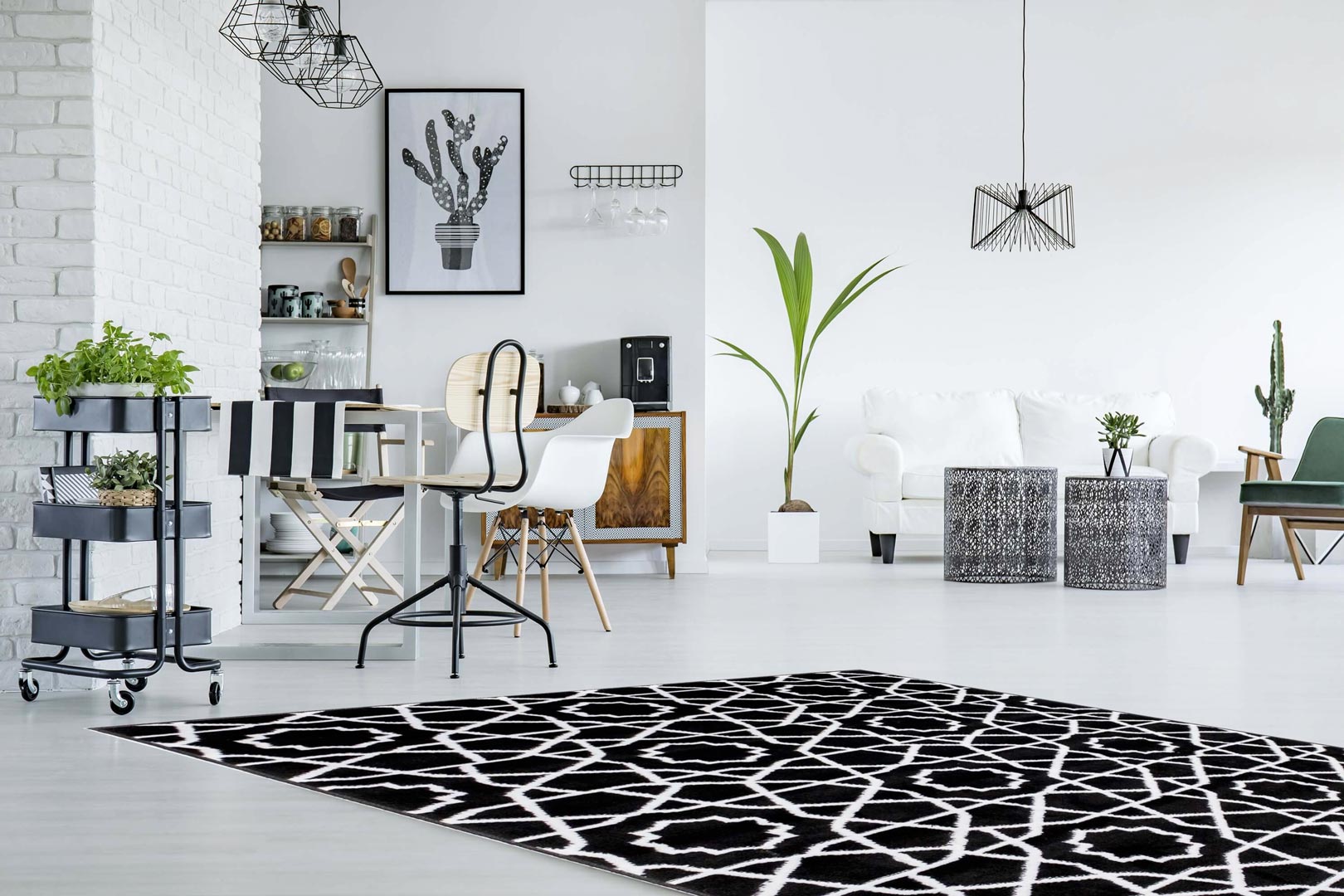 Designerski, czarny dywan do salonu w biały, fantazyjny wzór, geometryczny obrys Almas 42 - Carpetforyou zdjęcie 4