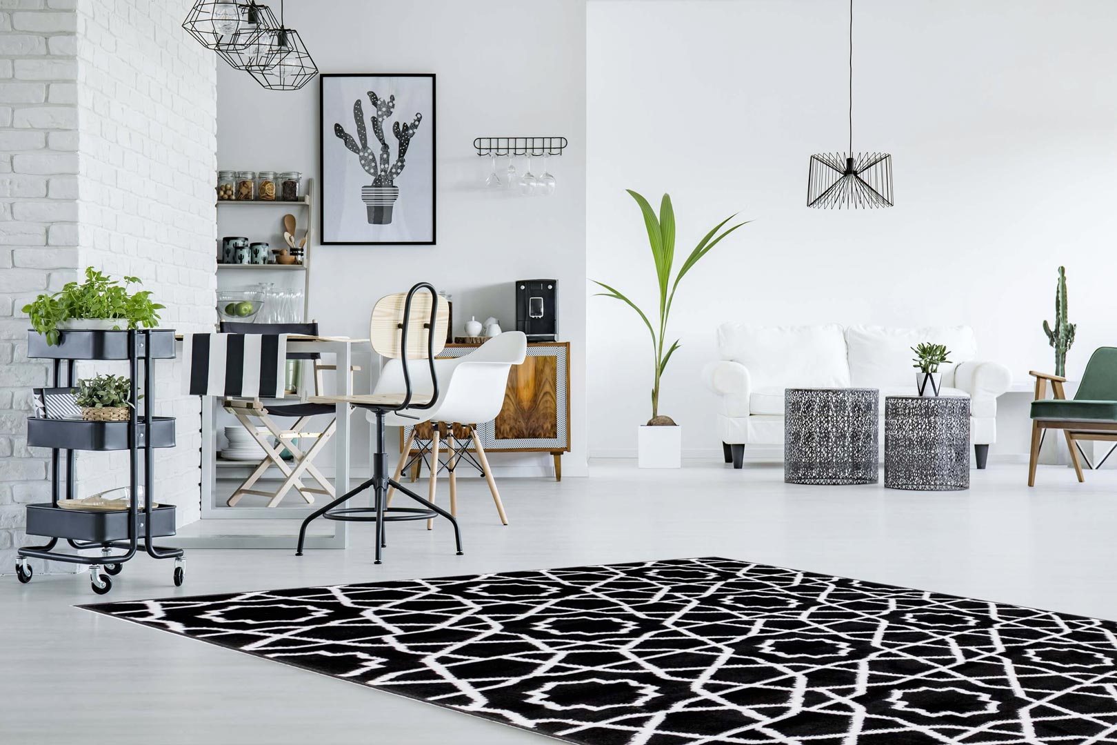 Designerski, czarny dywan do salonu w biały, fantazyjny wzór, geometryczny obrys Almas 42 - Carpetforyou zdjęcie 4