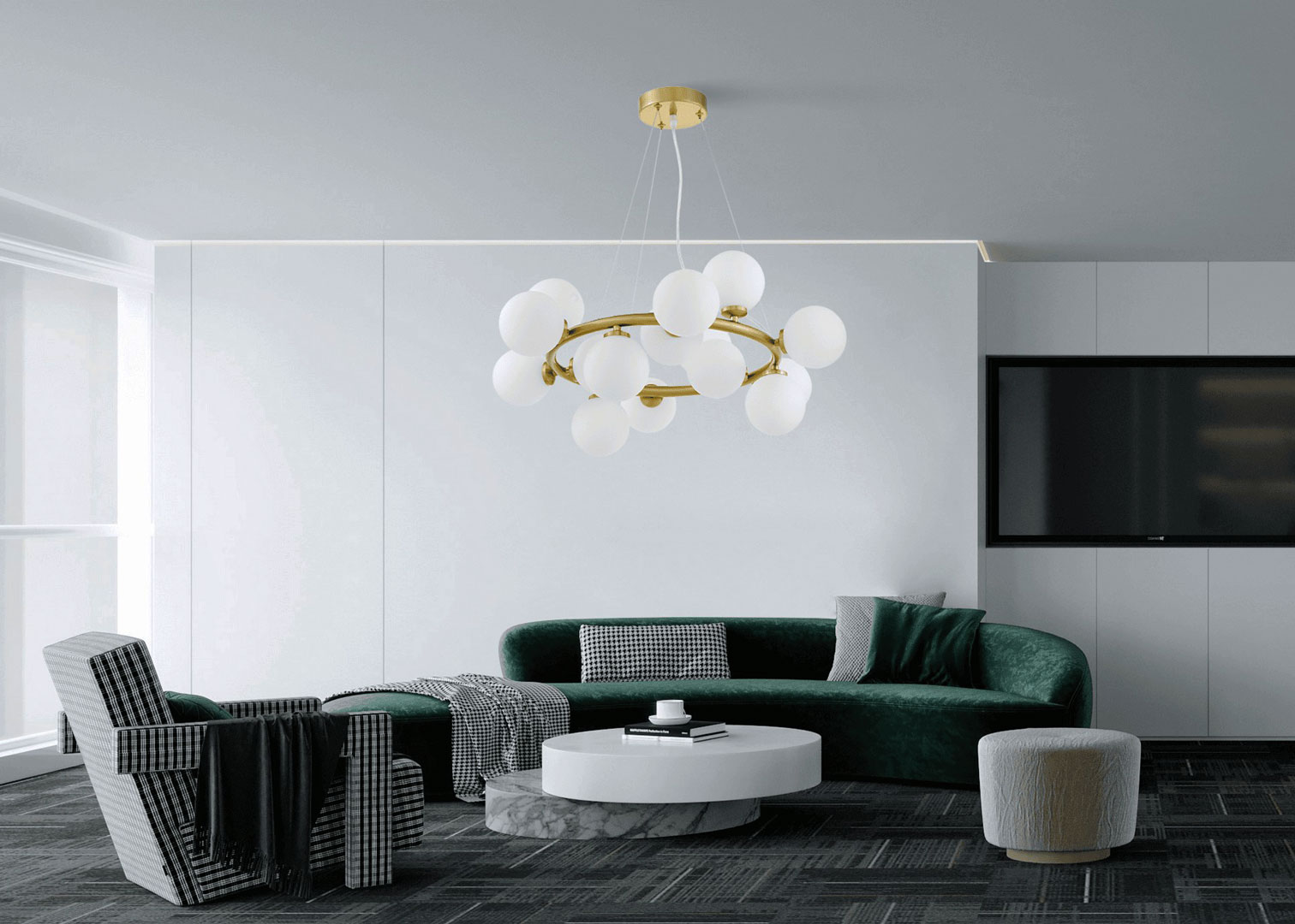 Wielopunktowa lampa wisząca MARSIADA w kolorze mosiądzu, nowoczesne białe klosze kule - Lumina Deco zdjęcie 2