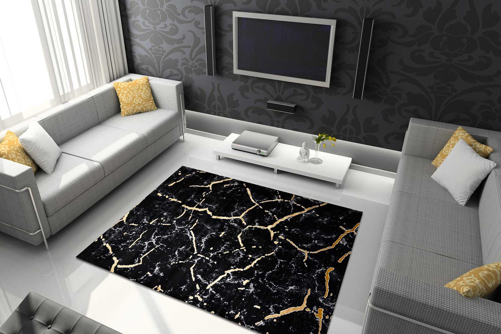Kamienny syntetyczny dywan marmur glamour w czarnym kolorze ze złotymi pęknięciami - Dywany Łuszczów zdjęcie 4