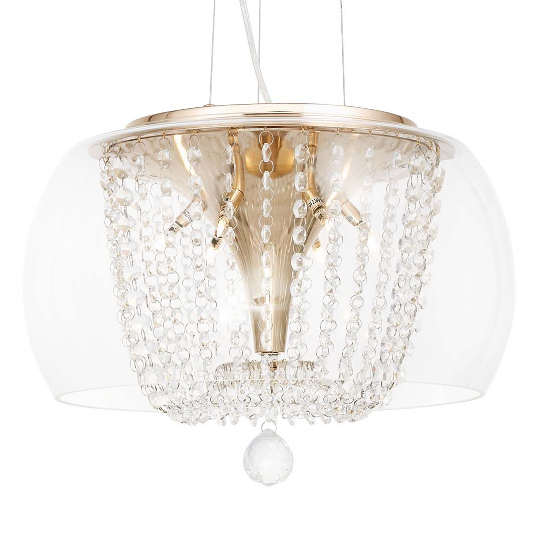 Elegancka lampa wisząca z przezroczystym, szklanym kloszem w złotej oprawie, z kryształkami DISPOSA GOLD - Lumina Deco zdjęcie 1