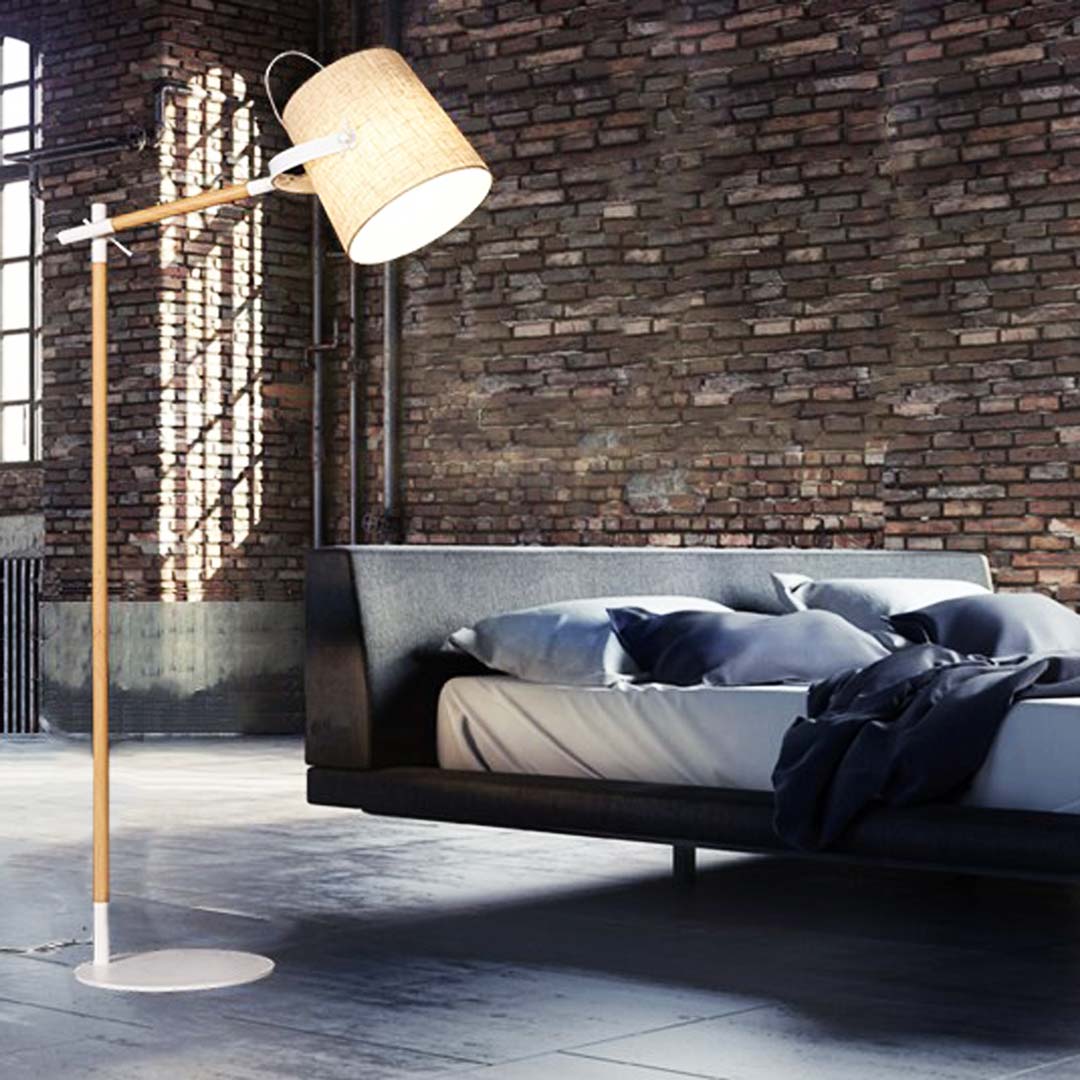 Skandynawska lampa podłogowa, drewniana stylizacja, beżowy abażur LAPIDUS - Lumina Deco zdjęcie 2