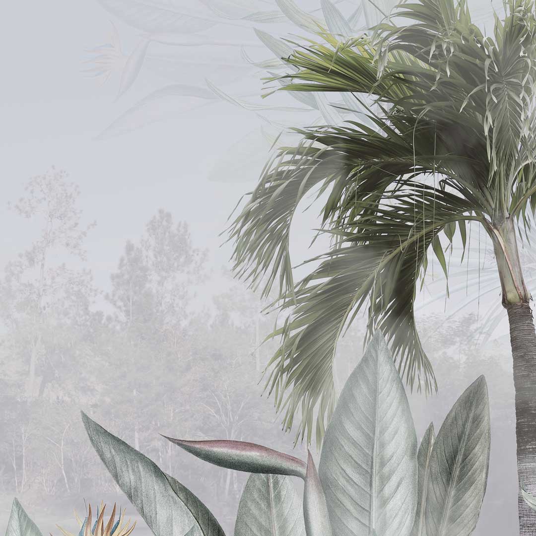 Tapeta liście palmy - modne, wyprane kolory: zielony i szary
