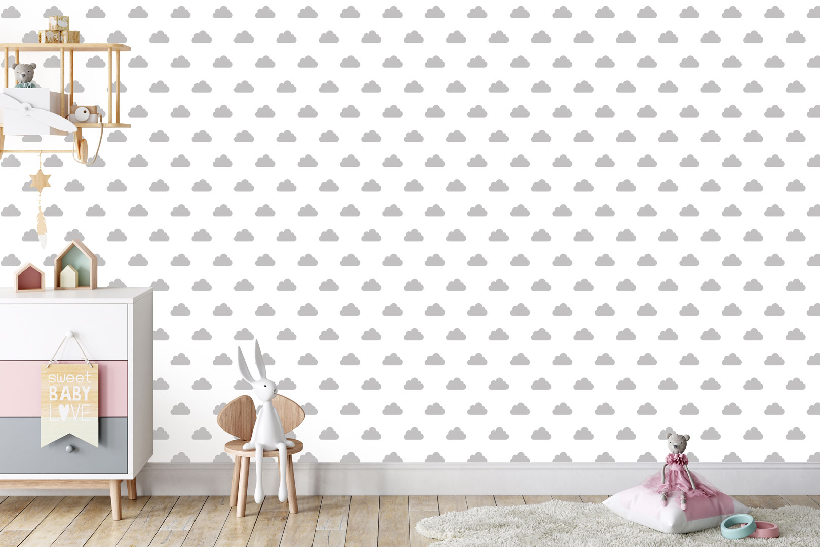 Biała tapeta na ścianę w szare chmurki do pokoju dziecięcego - Dekoori zdjęcie 3