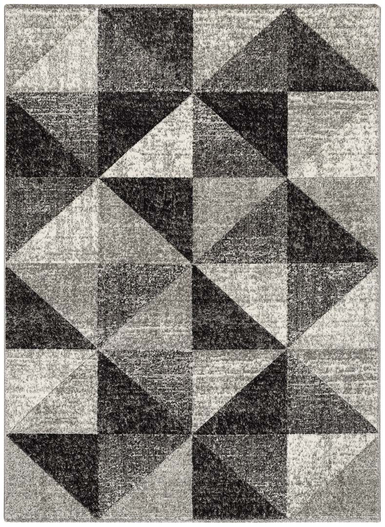Syntetyczny ciemny dywan z geometrycznym przecieranym wzorem w trójkąty i kwadraty - Dywany Łuszczów zdjęcie 1