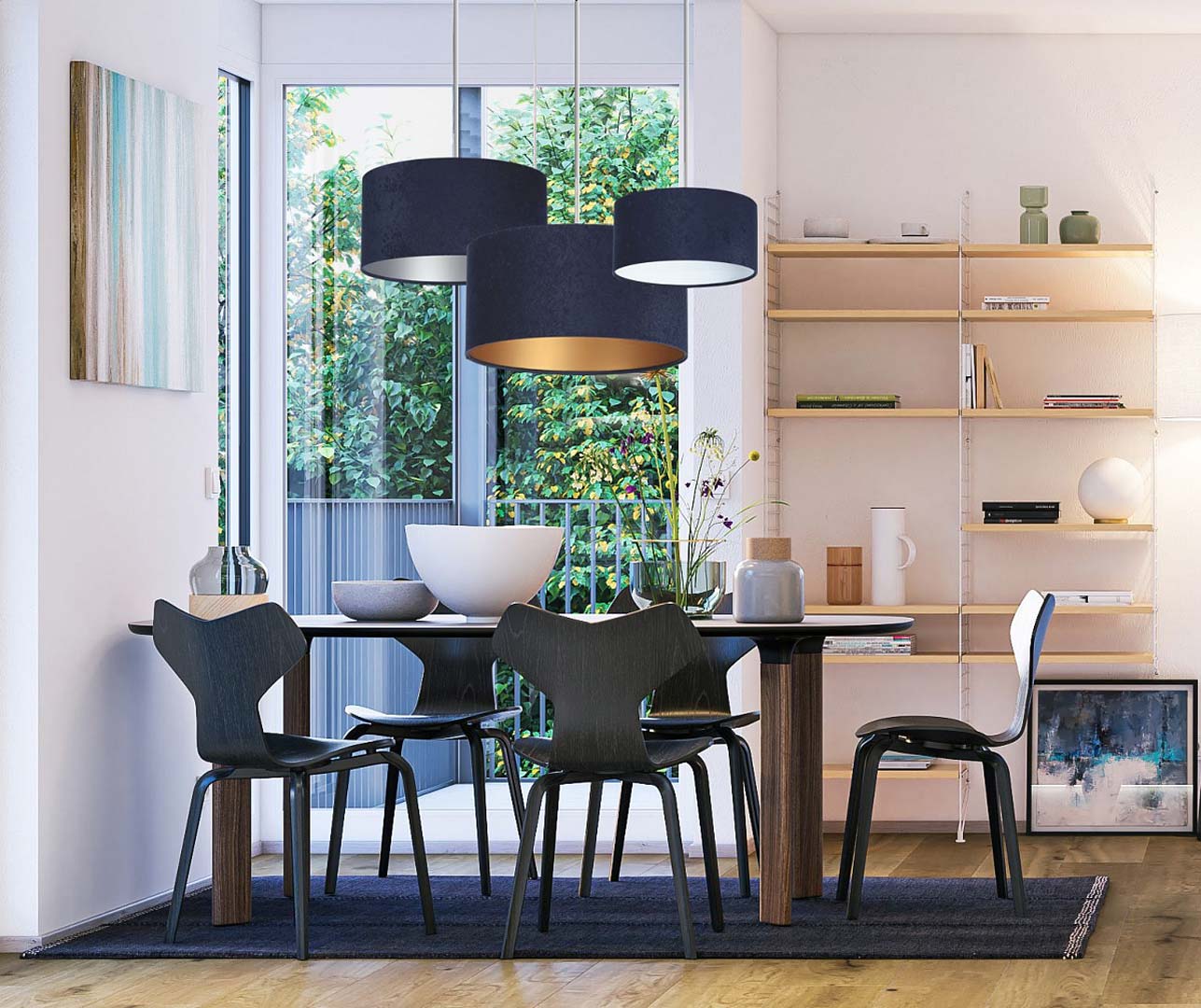 Granatowa lampa wisząca z abażurem, welurowa LOBELIA do jadalni - sklep Dekoori.pl