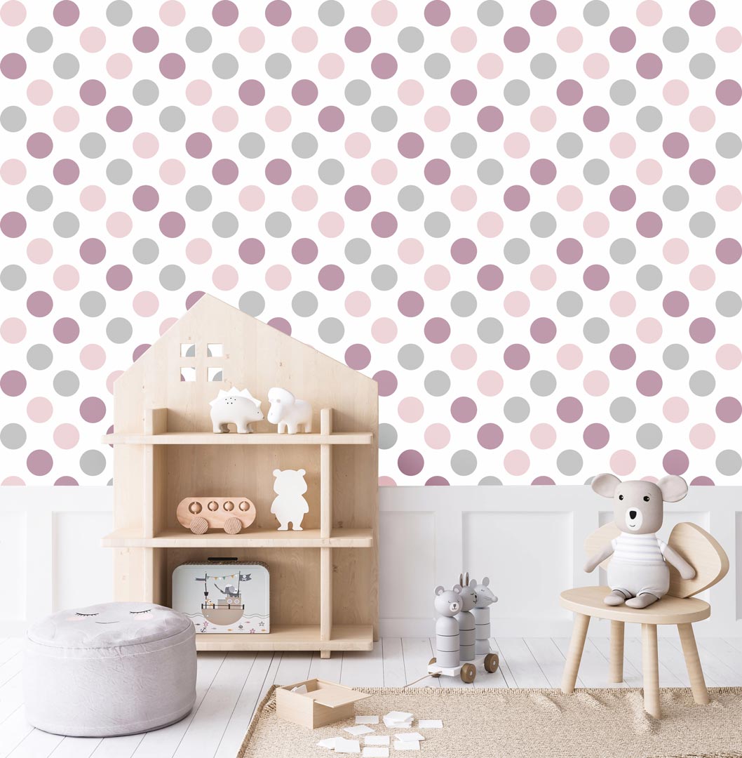 Biała tapeta w fioletowe, różowe i szare kropki, groszki, grochy 10 cm - Dekoori zdjęcie 2
