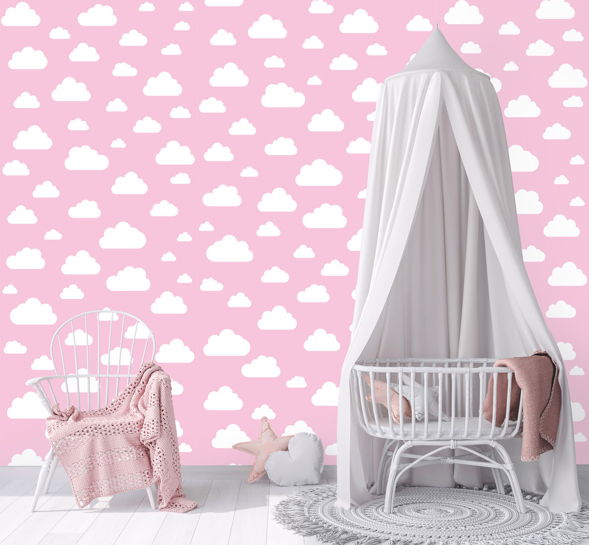 Różowa tapeta ścienna w białe chmurki, chmury 7,5-24 cm - Dekoori zdjęcie 2
