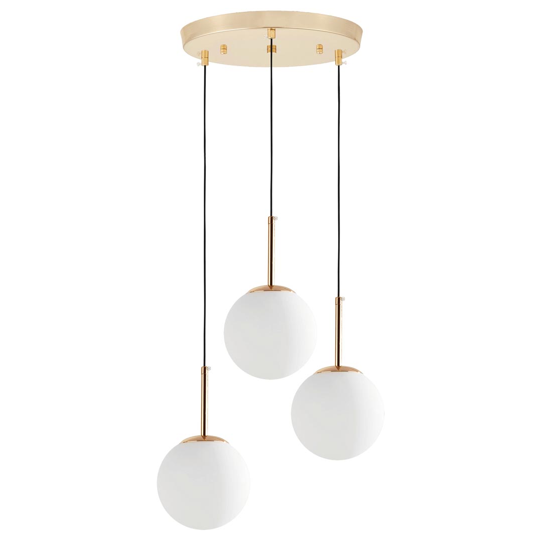 Designerska, potrójna, złota lampa wisząca z białymi, szklanymi kloszami FREDICA W3 - Lumina Deco zdjęcie 1