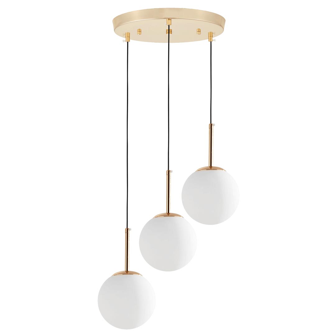 Designerska, potrójna, złota lampa wisząca z białymi, szklanymi kloszami FREDICA W3 - Lumina Deco zdjęcie 2