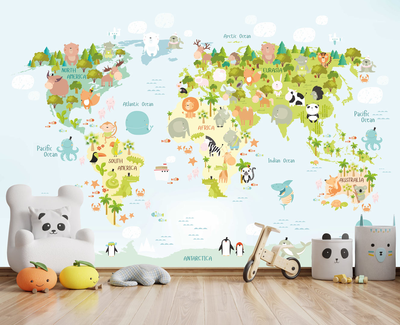 Fototapeta mapa świata dla dzieci ze zwierzętami, roślinami i kontynentami