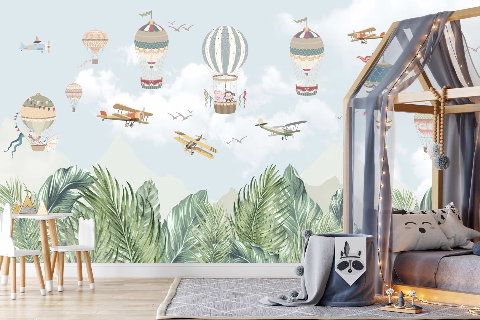 Tapeta w latające balony w chmurach, samoloty, góry, dżungla dla dzieci