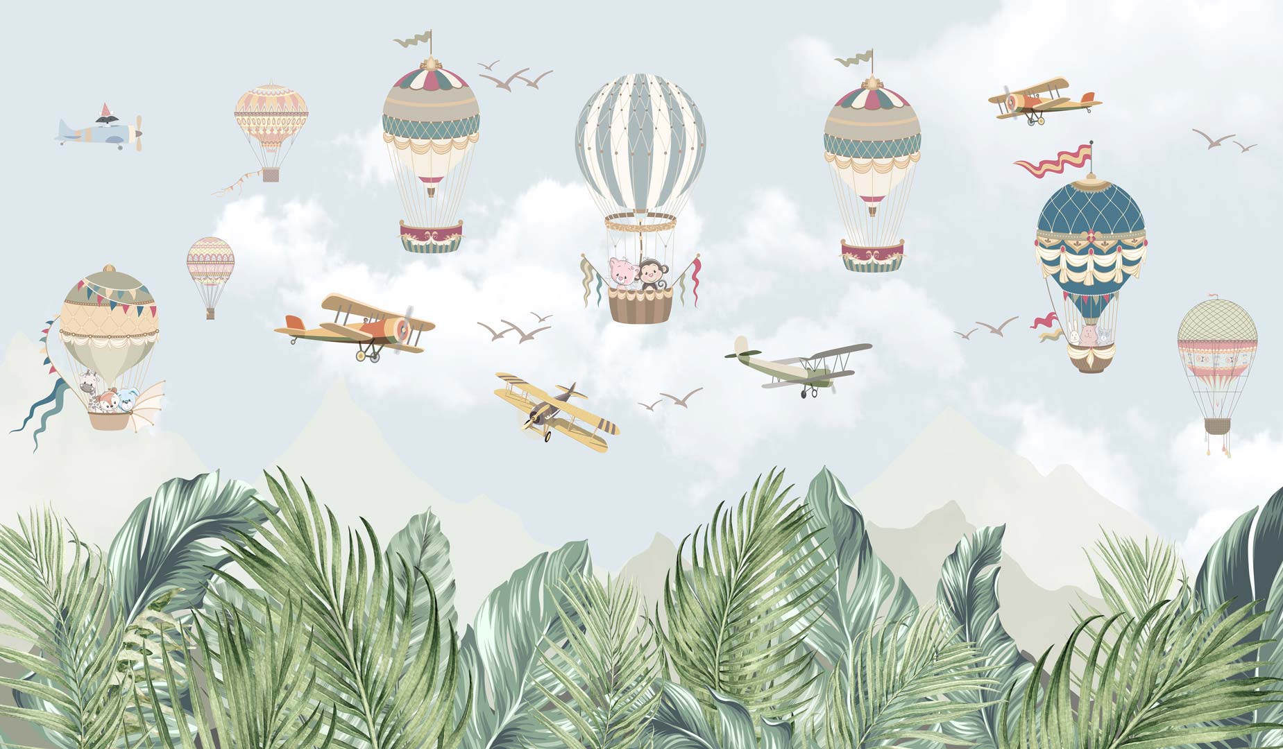 Fototapeta w balony, samoloty w chmurach nad zieloną dżunglą, dziecięca